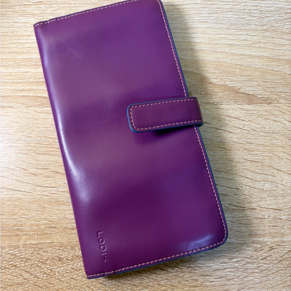 LODIS Purple & Teal Wallet. Holds 11 credit cards, ID, checkbook and cash.